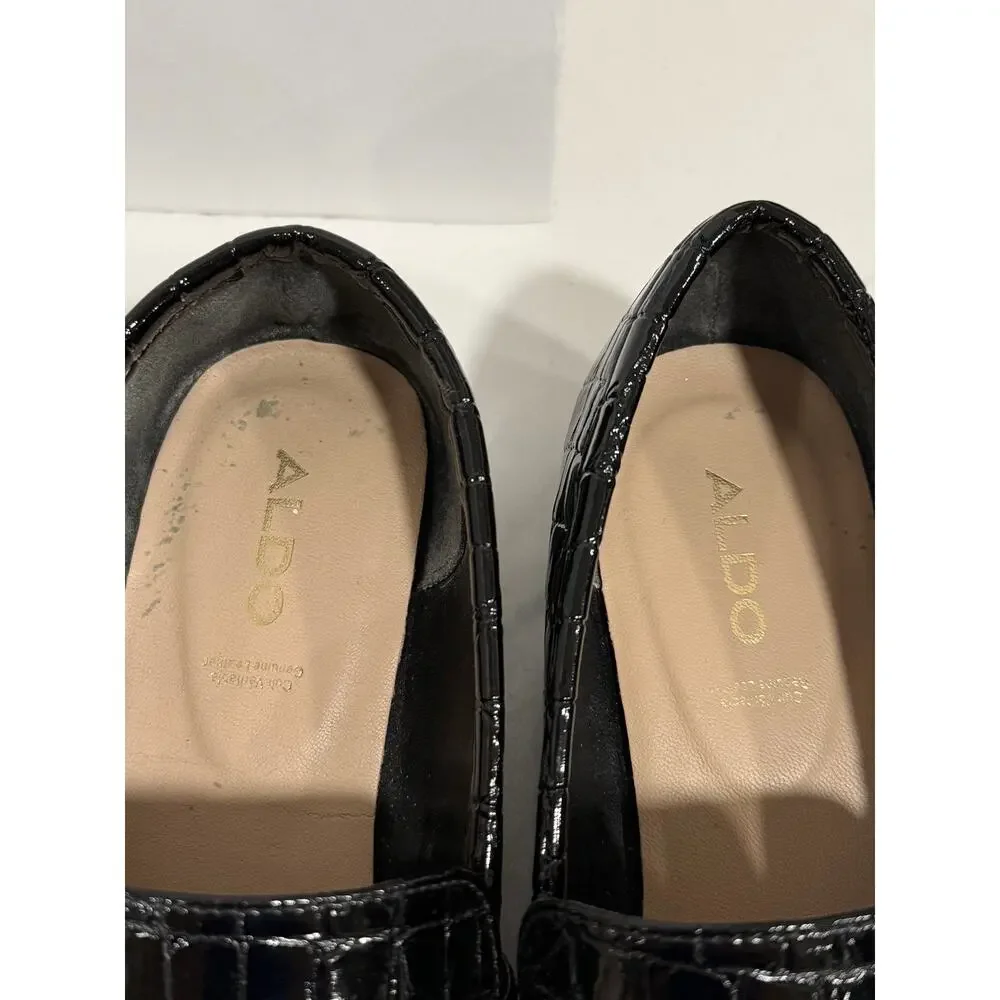 ALDO Black Croc Embossed Patent Penny Loafers Women's Size 7 Preppy Dress Shoes